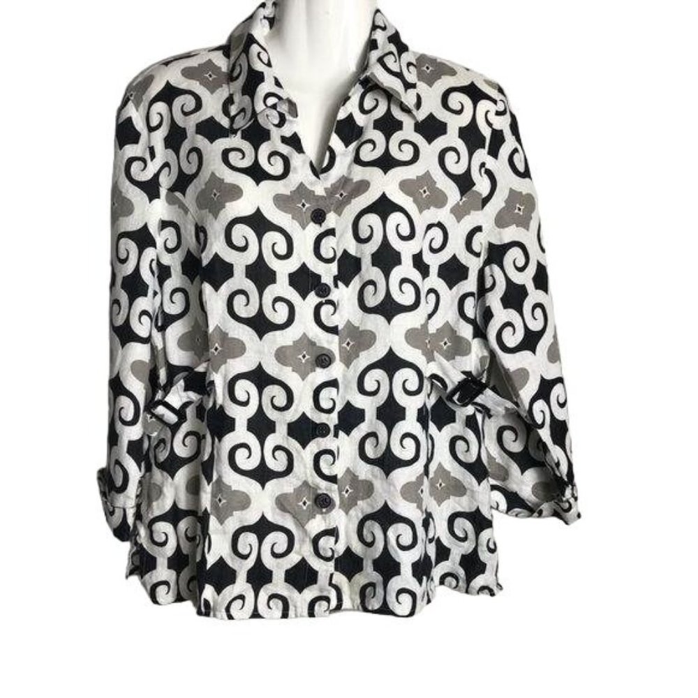 Tweeds Geometric Print Linen Blouse Button Up Size Medium